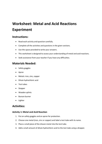 Worksheet: Metal and Acid Reactions Experiment