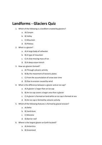 Landforms - Glaciers Quiz/Assessment