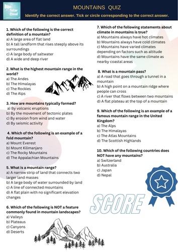 Geography - Landforms - Mountains Multiple choice assessment/Quiz ...