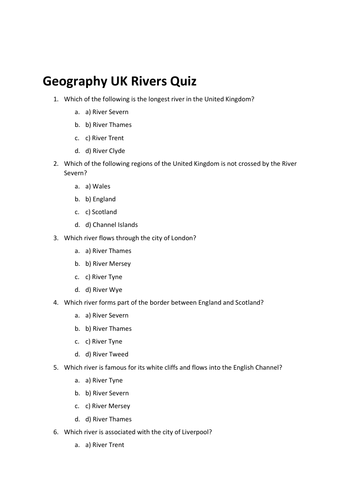 UK Rivers Quiz/Assessment
