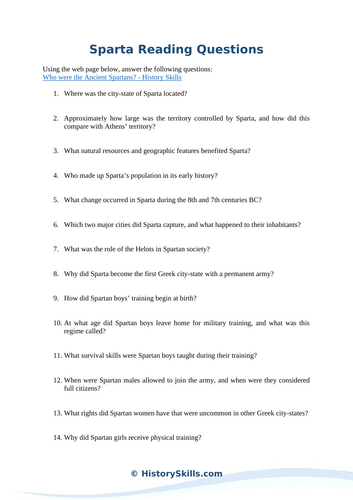 Introduction to Sparta Reading Questions Worksheet
