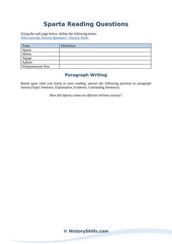 Introduction to Sparta Reading Questions Worksheet
