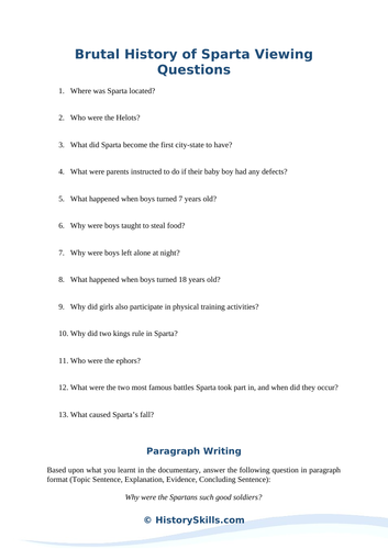 History of Ancient Sparta Video Viewing Questions Worksheet
