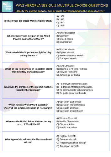 WW2 Aeroplanes Quiz Multiple Choice Questions | Teaching Resources