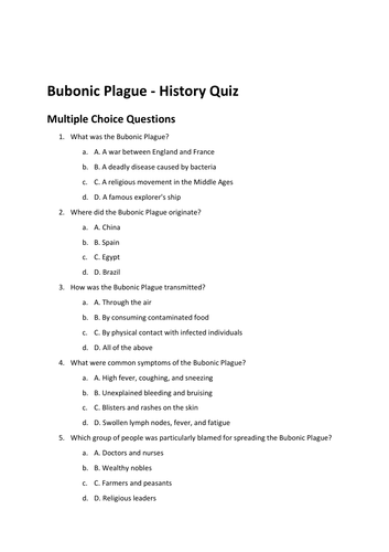 Bubonic Plague Quiz/Multiple Choice Assessment