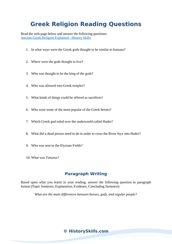 Ancient Greek Religion Reading Questions Worksheet