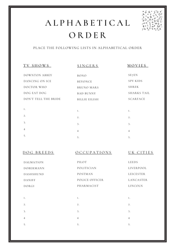 Entry 3 Alphabetical Order English Functional Skills Worksheet and Answers