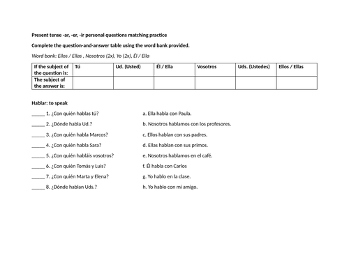 Present tense -ar, -er, -ir personal questions matching practice