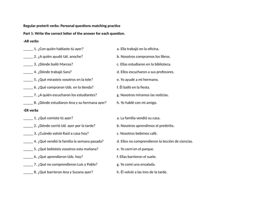 Regular preterit verbs: Personal questions matching practice