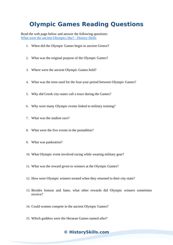 Ancient Greek Olympic Games Reading Questions Worksheet