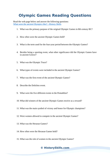 Ancient Greek Olympic Games Reading Questions Worksheet