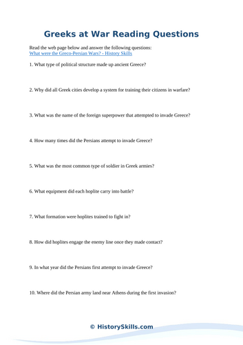 Greco-Persian Wars Overview Reading Questions Worksheet