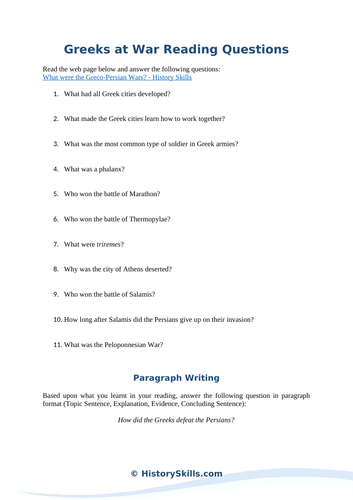 Greco-Persian Wars Overview Reading Questions Worksheet