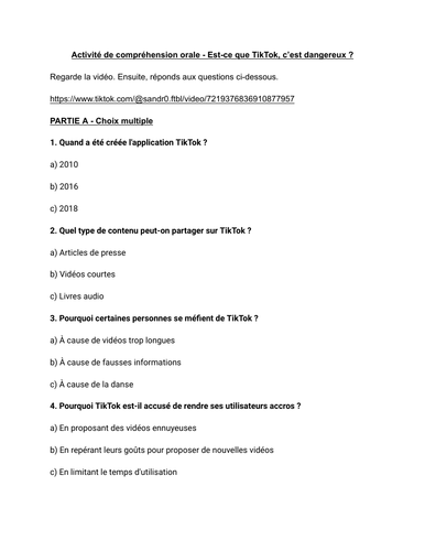 Activité de compréhension orale - Est-ce que TikTok, c’est dangereux ?