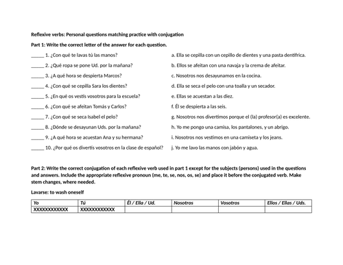 Reflexive verbs: Personal questions matching practice with conjugation