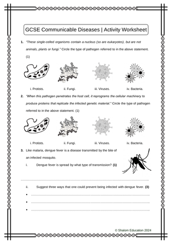 GCSE Biology - Communicable Diseases Activity Worksheet