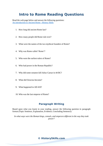 Introduction to Ancient Rome Reading Questions Worksheet