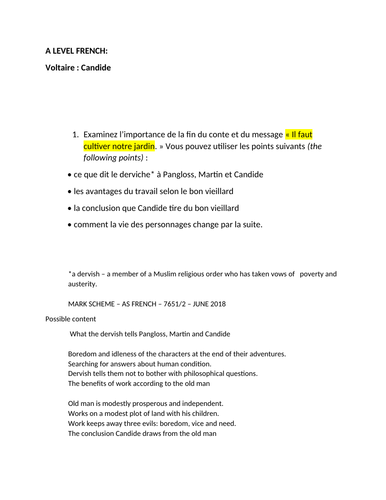 Voltaire:Candide : A LEVEL FRENCH REVISION