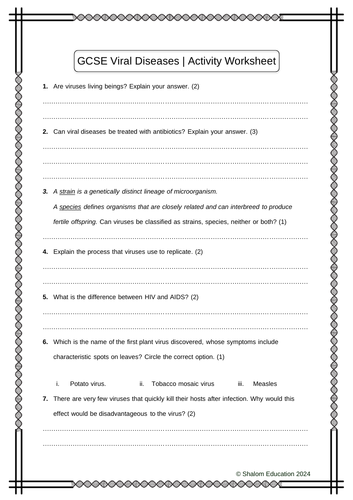 GCSE Biology - Viral Diseases Activity Worksheet
