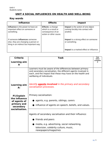 Level 2 Checklist: Unit 4 Learning Aim A, B & C Level 2 BTEC Health and Social Care