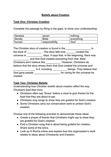 Beliefs about Creation - 6 written tasks