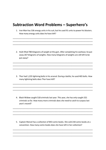 Subtraction Word Problems – Superhero Themed