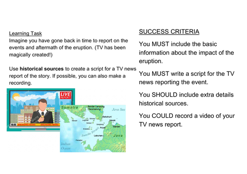 Krakatoa TV Report task with criteria and sentence starters