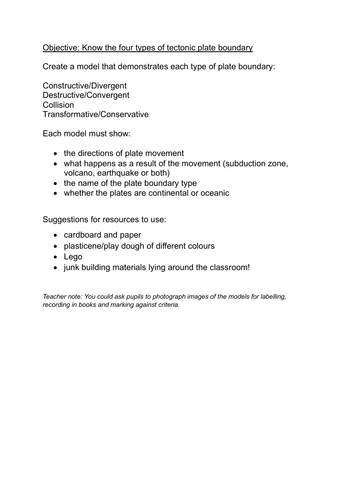 Plate Boundaries Models task outline and lesson ideas