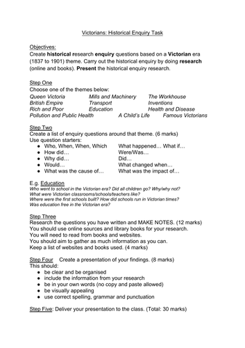 Victorians Historical Enquiry task