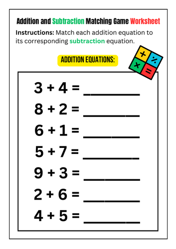 Addition and Subtraction Matching Game Worksheet