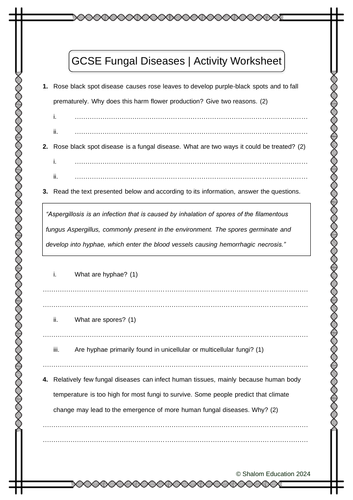 GCSE Biology - Fungal Diseases Activity Worksheet