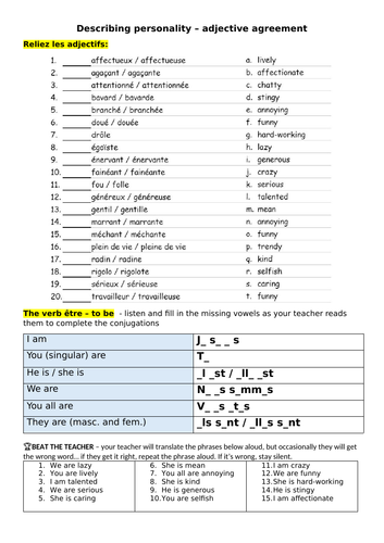 Adjective agreement + describing personality KS4 French