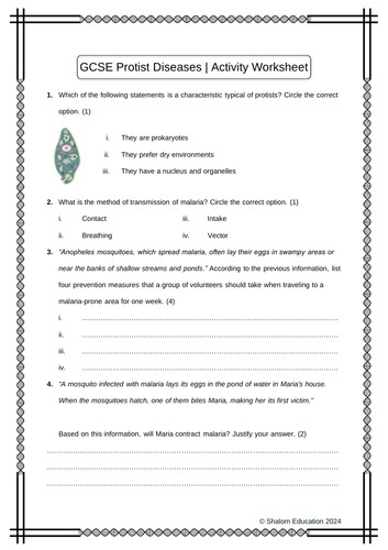 GCSE Biology - Protist Diseases Activity Worksheet