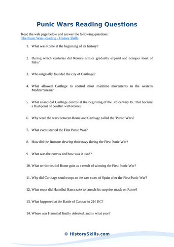 Punic Wars Reading Questions Worksheet
