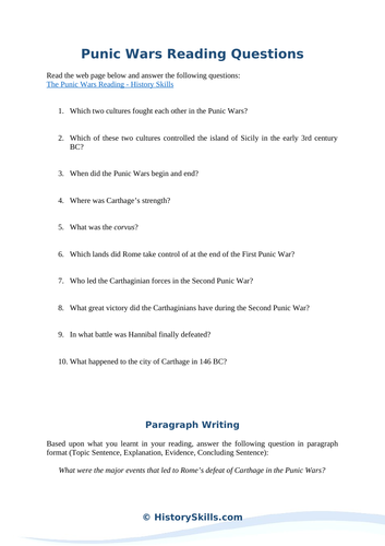 Punic Wars Reading Questions Worksheet