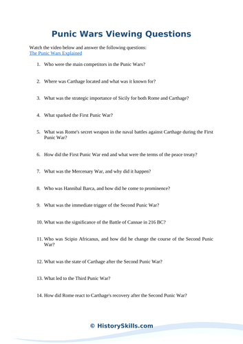 Punic Wars Video Viewing Questions Worksheet