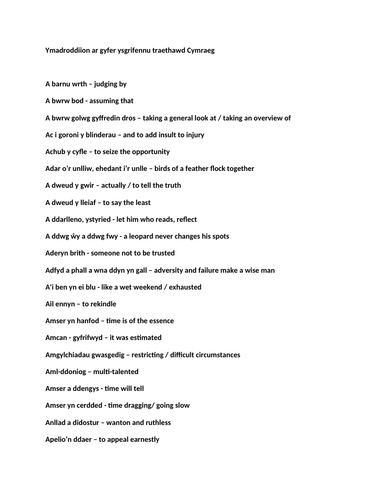 Ymadroddion a Dywediadau Cymaeg ar gyfer Ysgrifennu Traethawd