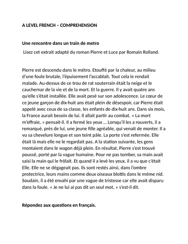 French  A Level Comprehension Worksheet with answer key