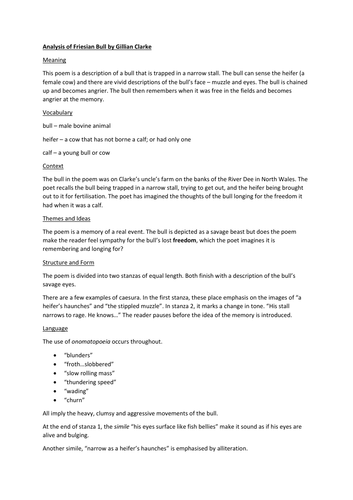 Analysis of Friesian Bull by Gillian Clarke