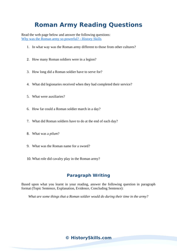 Roman Army Reading Questions Worksheet