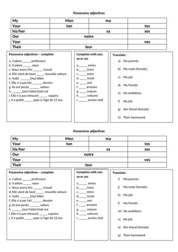 Possessive adjectives mini worksheet KS3 / KS4 French