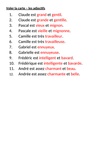 Sentence Stealer adjectives KS3 French