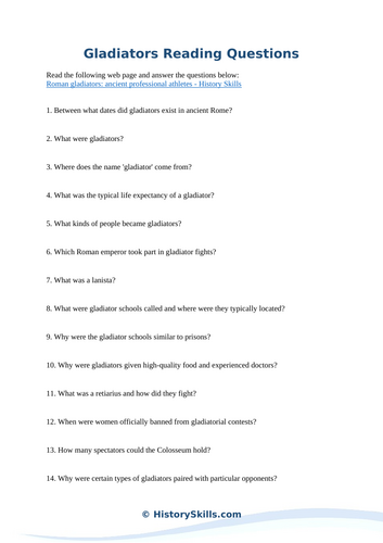 Ancient Gladiators Reading Questions Worksheet