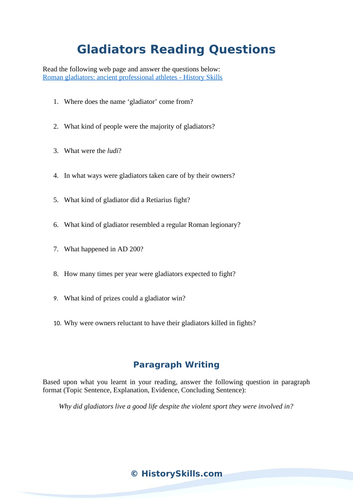 Ancient Gladiators Reading Questions Worksheet