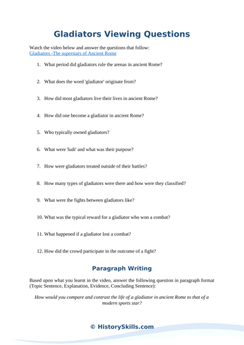 Ancient Gladiators Video Viewing Questions Worksheet