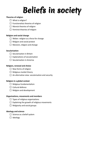 Beliefs in society topic checklist