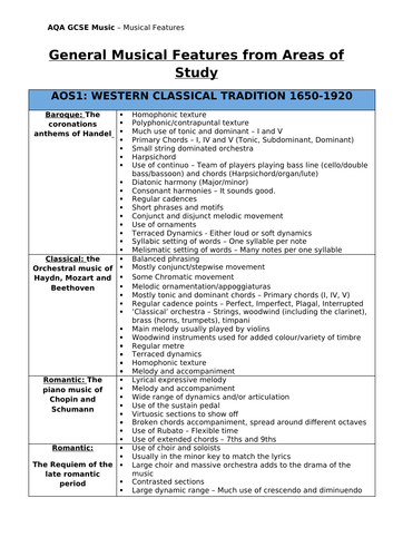 AQA - AoS - Musical Features by Topic - 4 pages