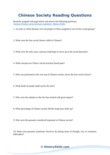 Ancient Chinese Society Reading Questions Worksheet