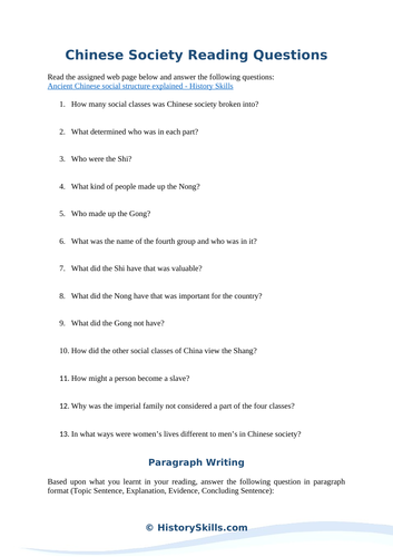 Ancient Chinese Society Reading Questions Worksheet