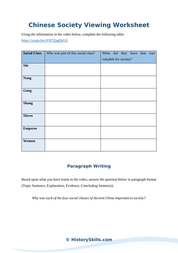 Ancient Chinese Society Video Viewing Worksheet